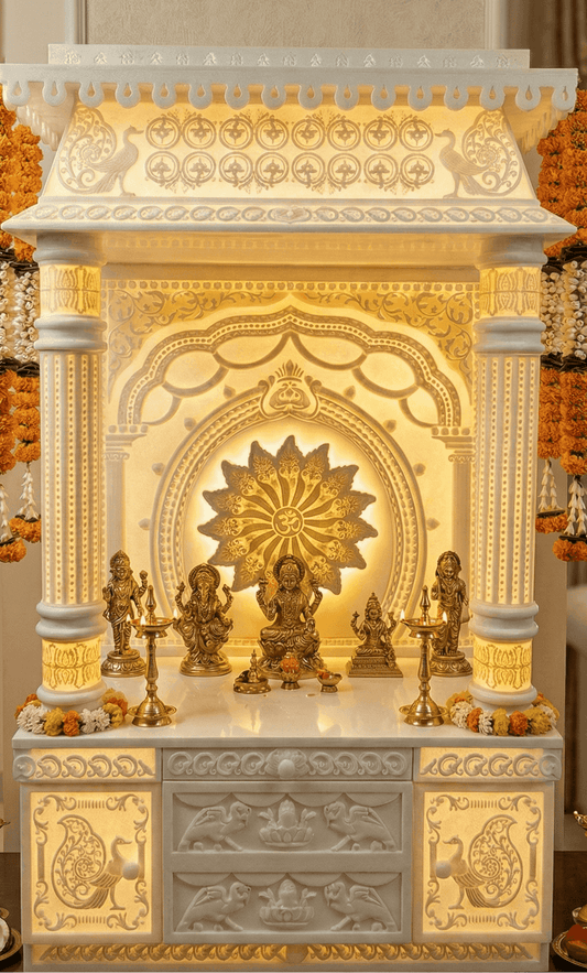 3d designer corian Mandir with intricate BACKLIT DRAWER 3D carvings and ROUND 3D PILLARS WITH DESIGNER ARTWORK