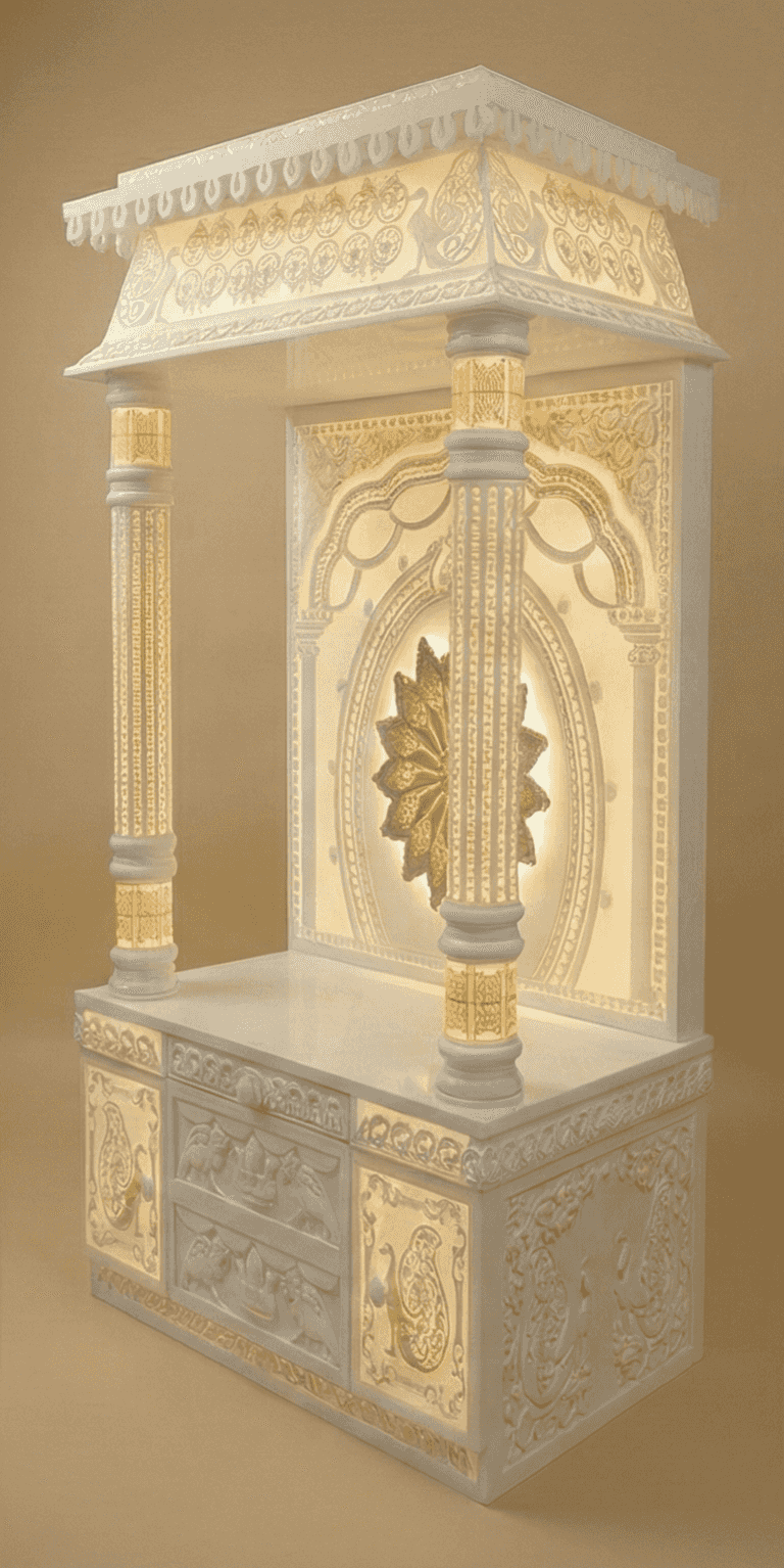 3d designer corian Mandir with intricate BACKLIT DRAWER 3D carvings and ROUND 3D PILLARS WITH STORAGE