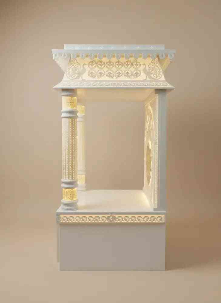 3d designer corian Mandir with intricate BACKLIT DRAWER 3D carvings and ROUND 3D PILLARS WITH STORAGE SIDE VIEW