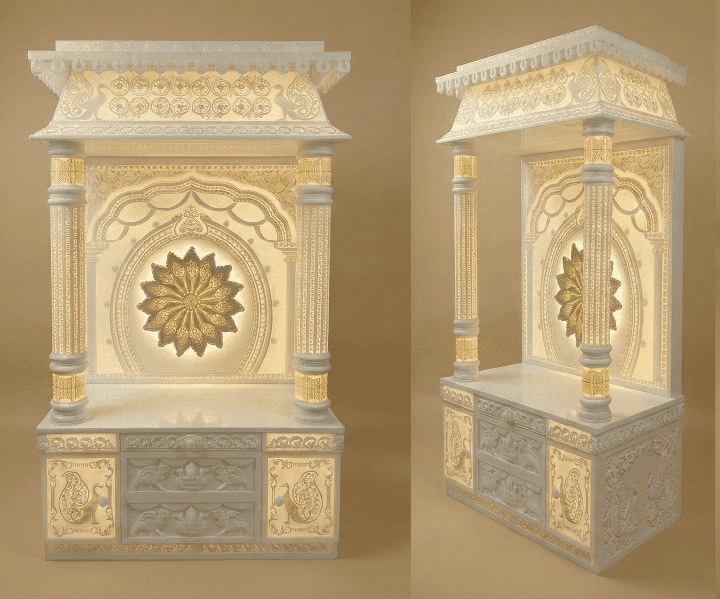3d designer corian Mandir with intricate DOME carvings and ROUND 3D PILLARS