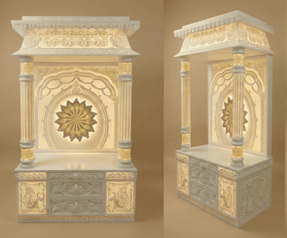 3d designer corian Mandir with intricate DOME carvings and ROUND 3D PILLARS