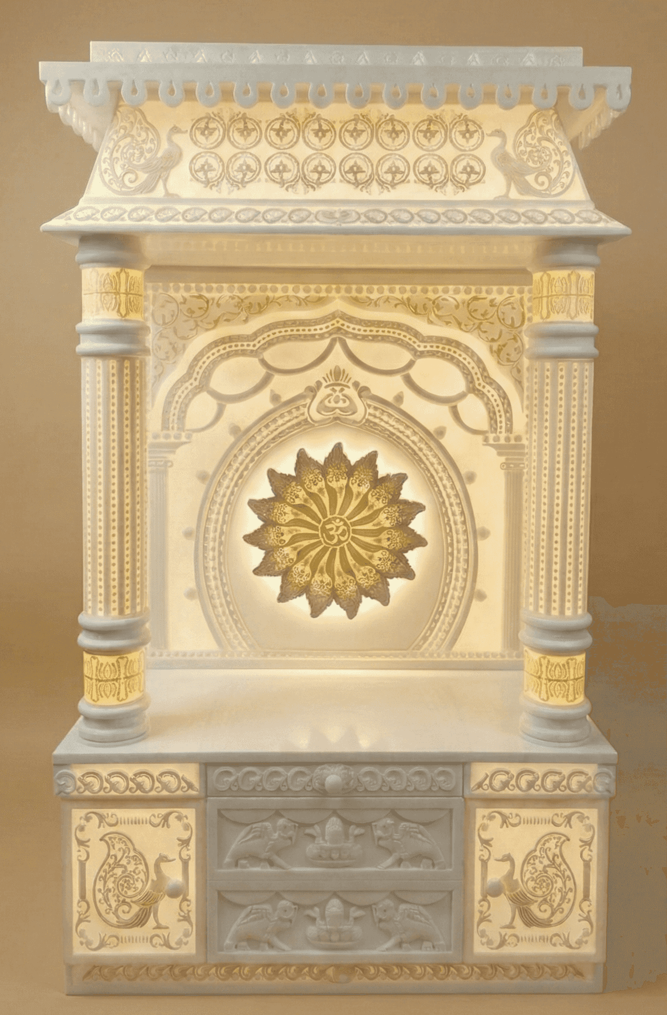 3d designer corian Mandir with intricate 3d backlit carvings and dome