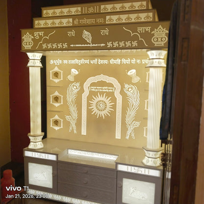 Damru Pillar Corian Temple with Backlit Design - Premium Corian Mandir - Solid Surface Temple - Satguru Creations