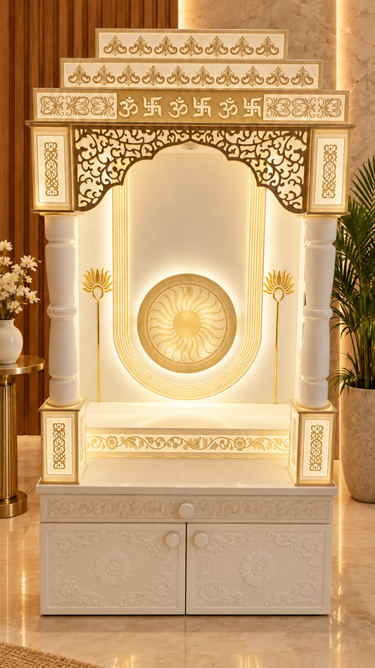 3 ft x 7 ft luxury backlit Corian mandir front view with round pillars and carved storage