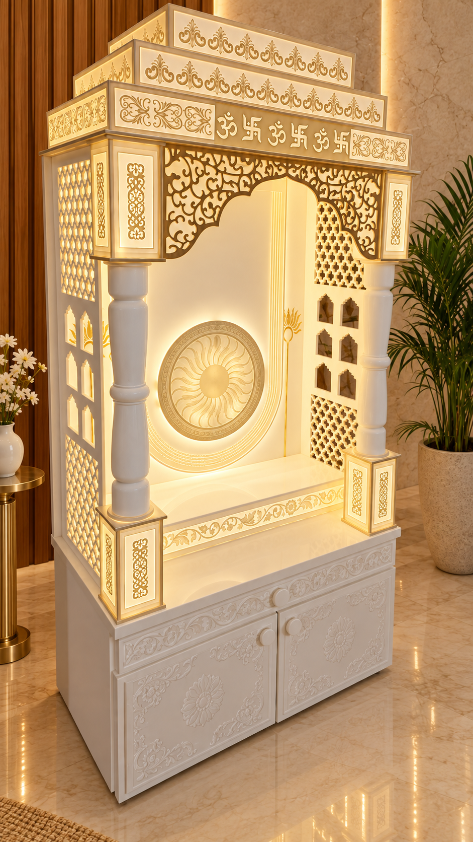 Backlit Corian home temple left angle with stepped crown circular lotus mandala and storage