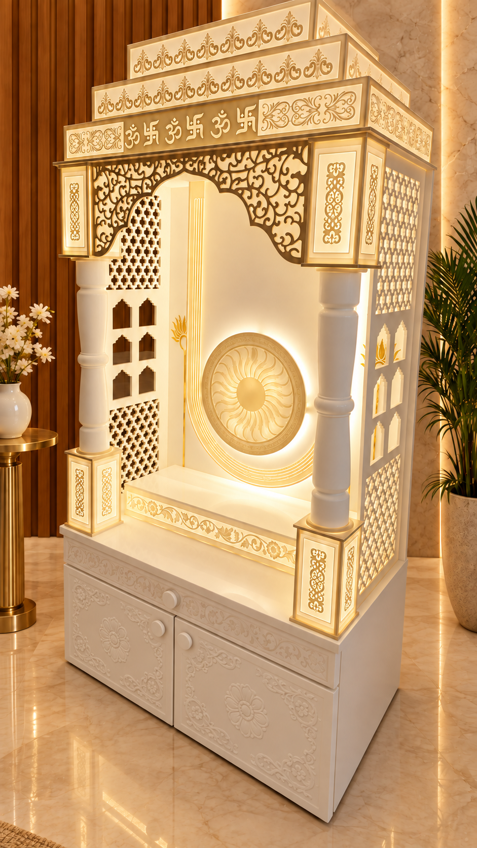 Backlit Corian mandir right angle with carved jali sides round pillars and two door cabinet