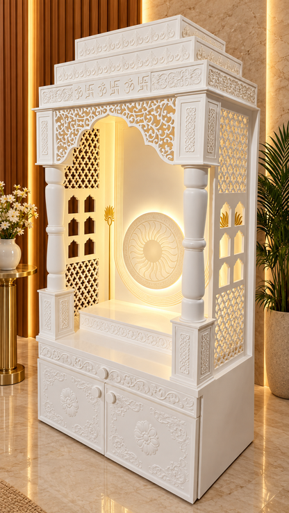 Luxury Corian mandir side view with illuminated jali panels round pillars and carved cabinet