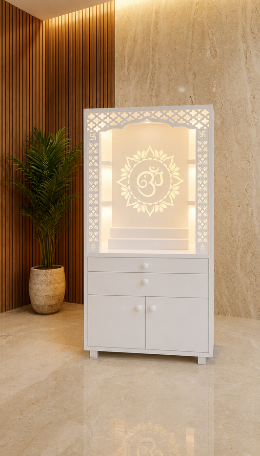 Front view of a 4 ft fully white Corian mandir with backlit Om sunburst, carved jali and storage