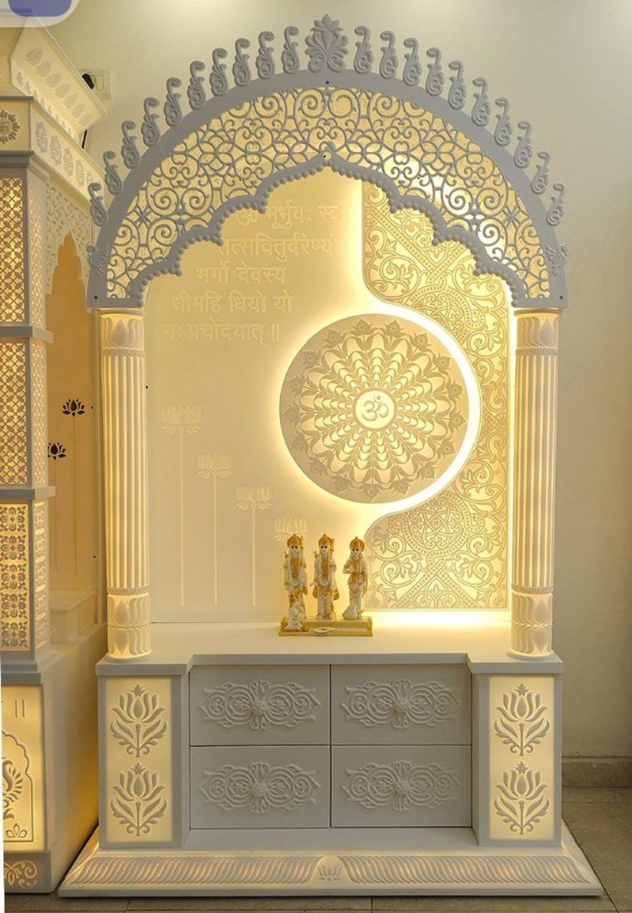 Original photograph of the 4 ft by 7 ft arched Corian mandir with backlit Om mandala