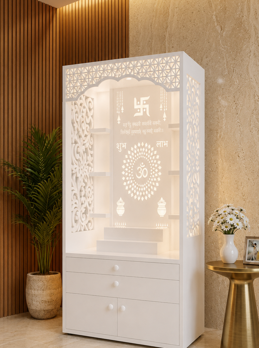 Backlit jali and carved motif detail on a 5.5 ft white Corian home temple