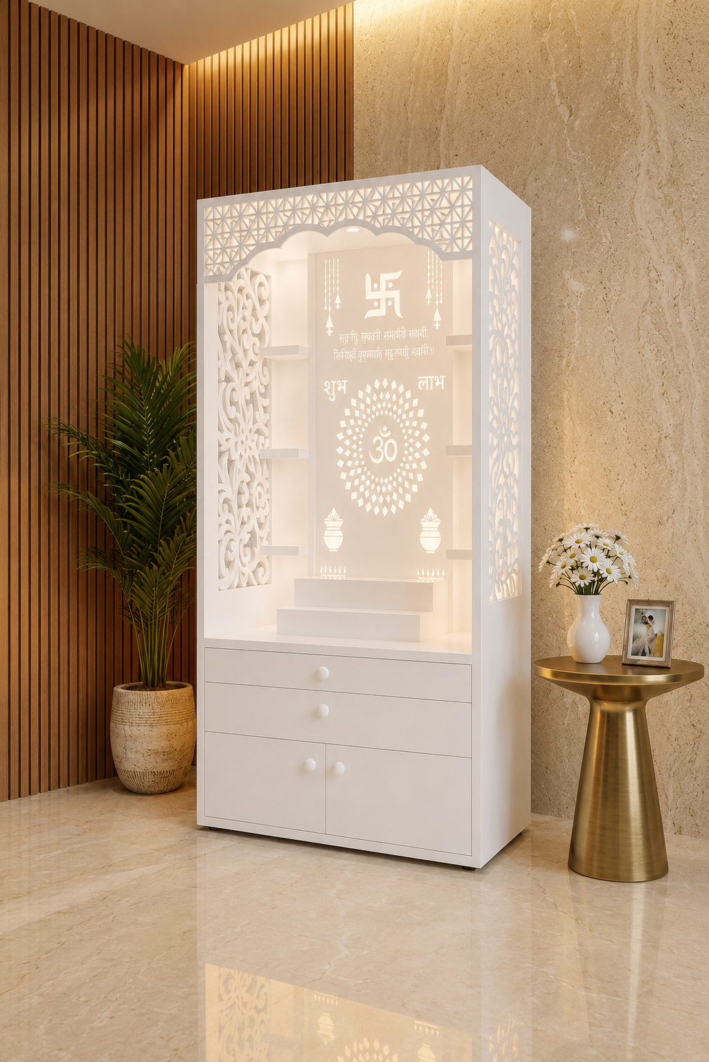 5.5 ft fully white Corian mandir with shelves and warm backlit jali in a luxury Mumbai home