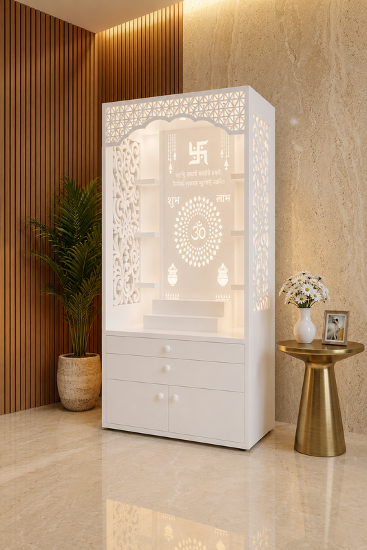 5.5 ft fully white Corian mandir with shelves and warm backlit jali in a luxury Mumbai home