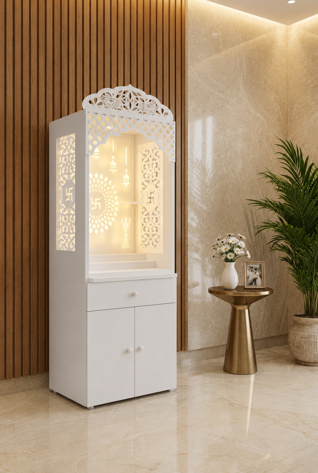Five foot fully white Corian mandir with carved crest, backlit Om panel and storage cabinet