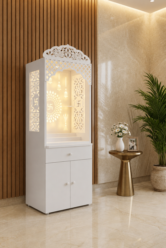 Five foot fully white Corian mandir with carved crest, backlit Om panel and storage cabinet