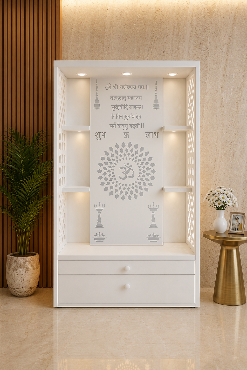 Front view of a 5 ft fully white Corian open mandir with four floating shelves and devotional panel
