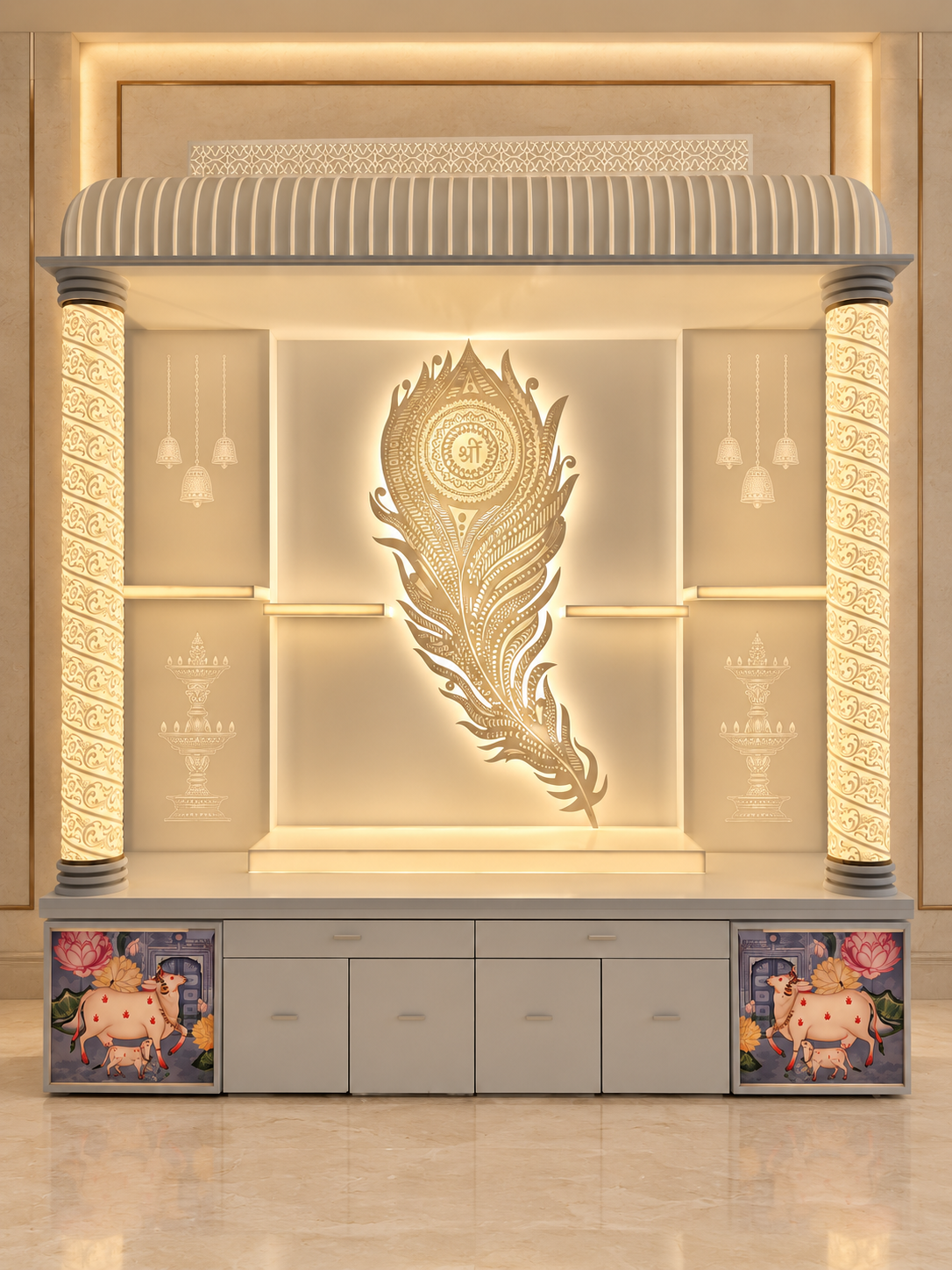 Front view of a 6 ft x 7 ft Corian mandir with backlit Shri peacock feather and round carved pillars, shown in a styled interior