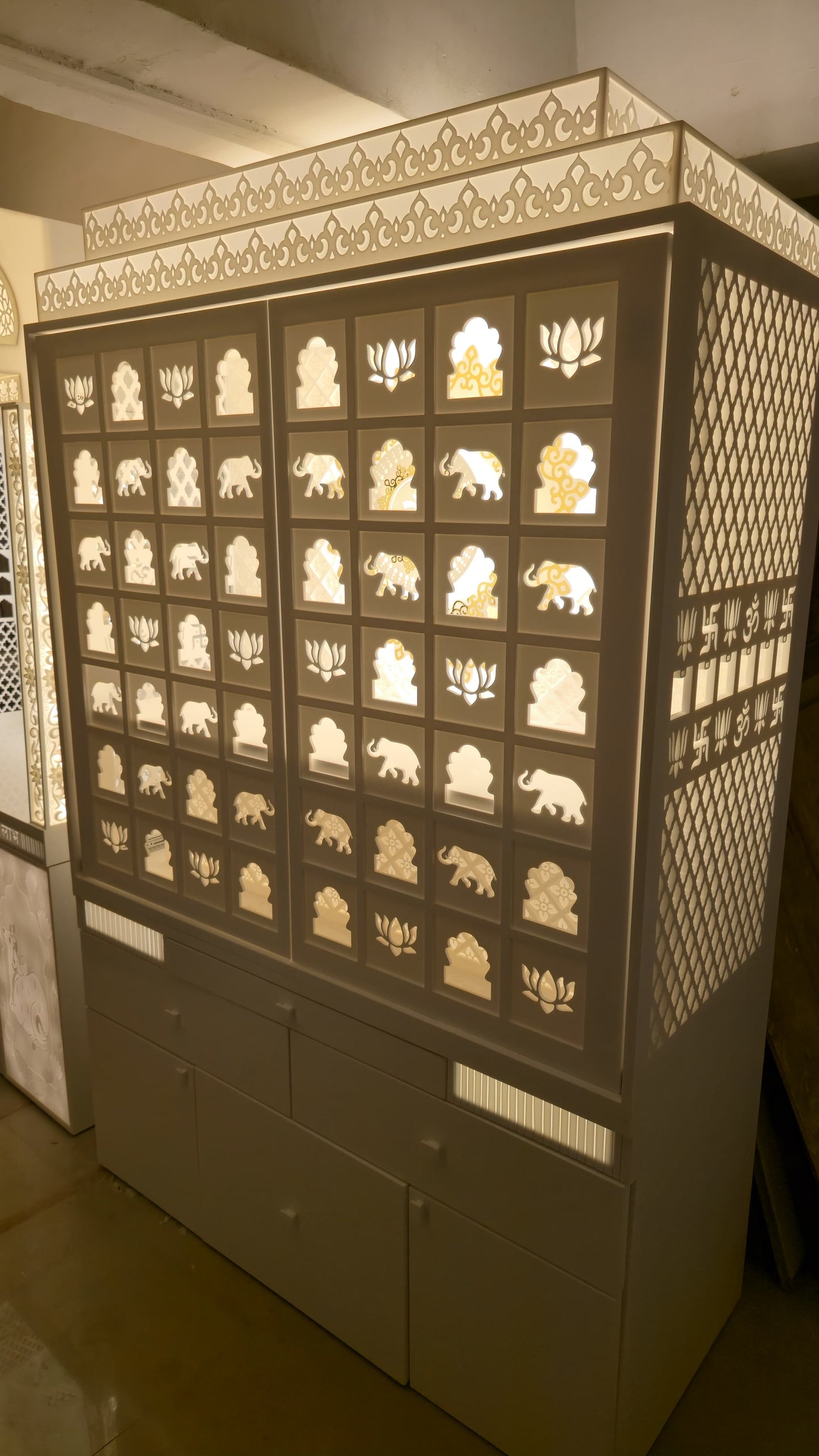 Beautiful home temple with backlit 3d corian carved door unreal glow only one in mumbai