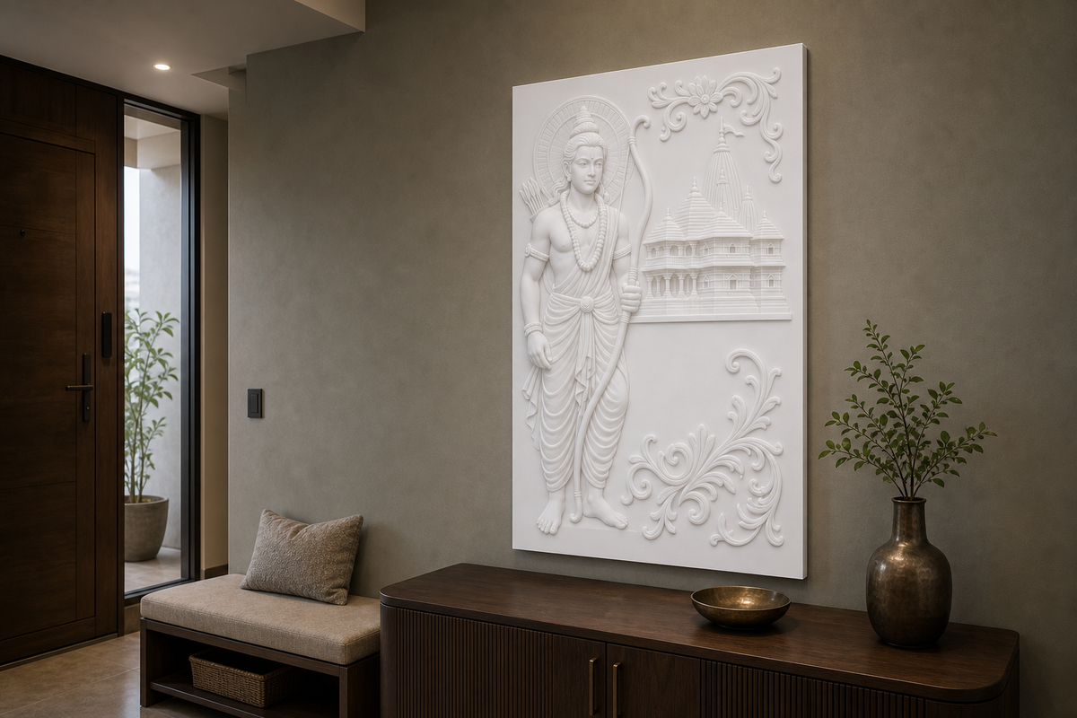 Ram Temple Relief white Corian wall panel, right angle view in a Mumbai home interior visualisation