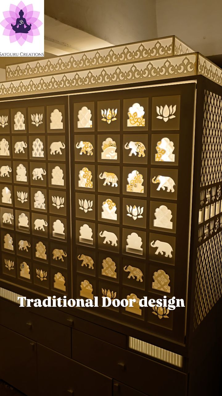Corian mandir with door premium 3d door designs traditional elephant , jharookha and lotus light effect