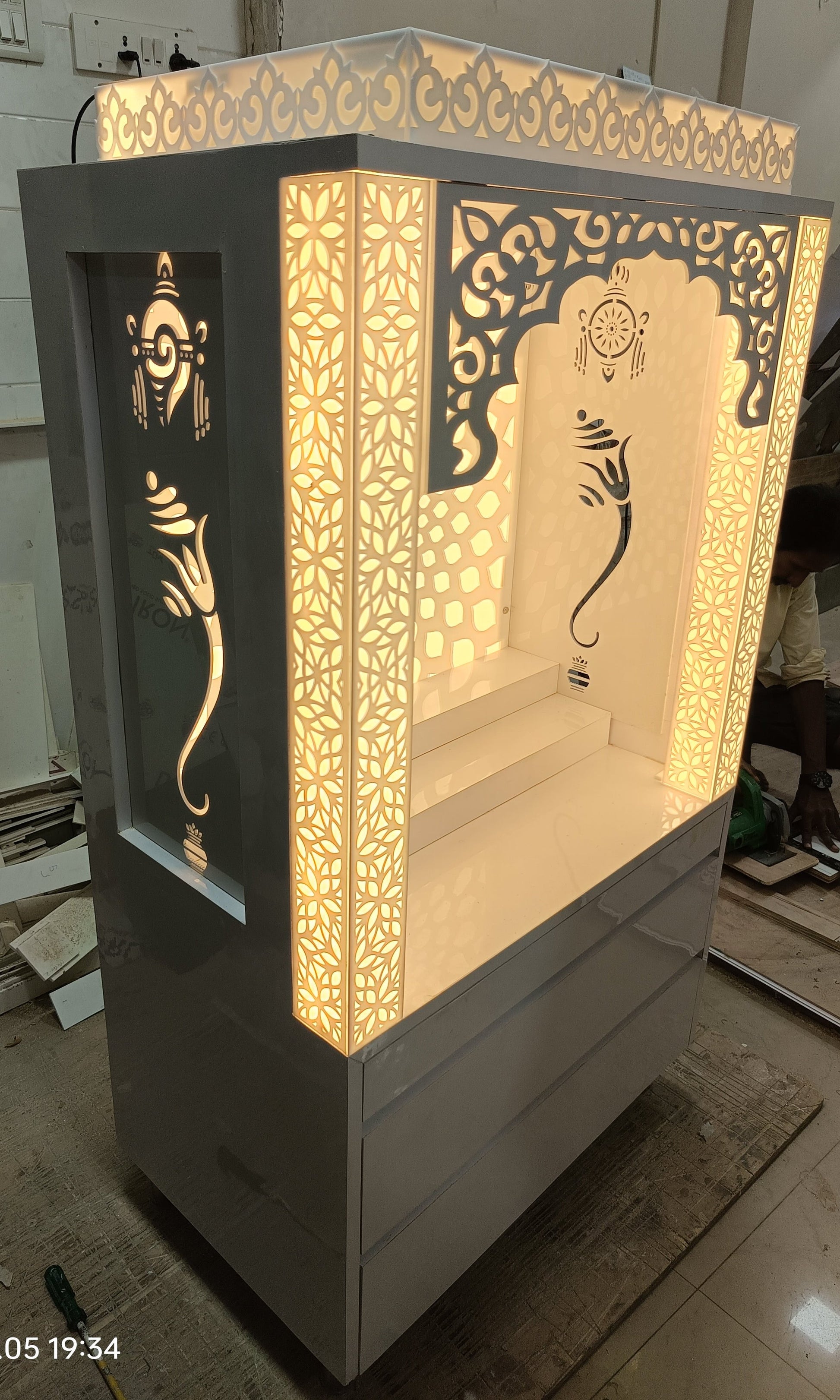 Acrylic Mandir compact with backlit pillars corian mandir mumbai