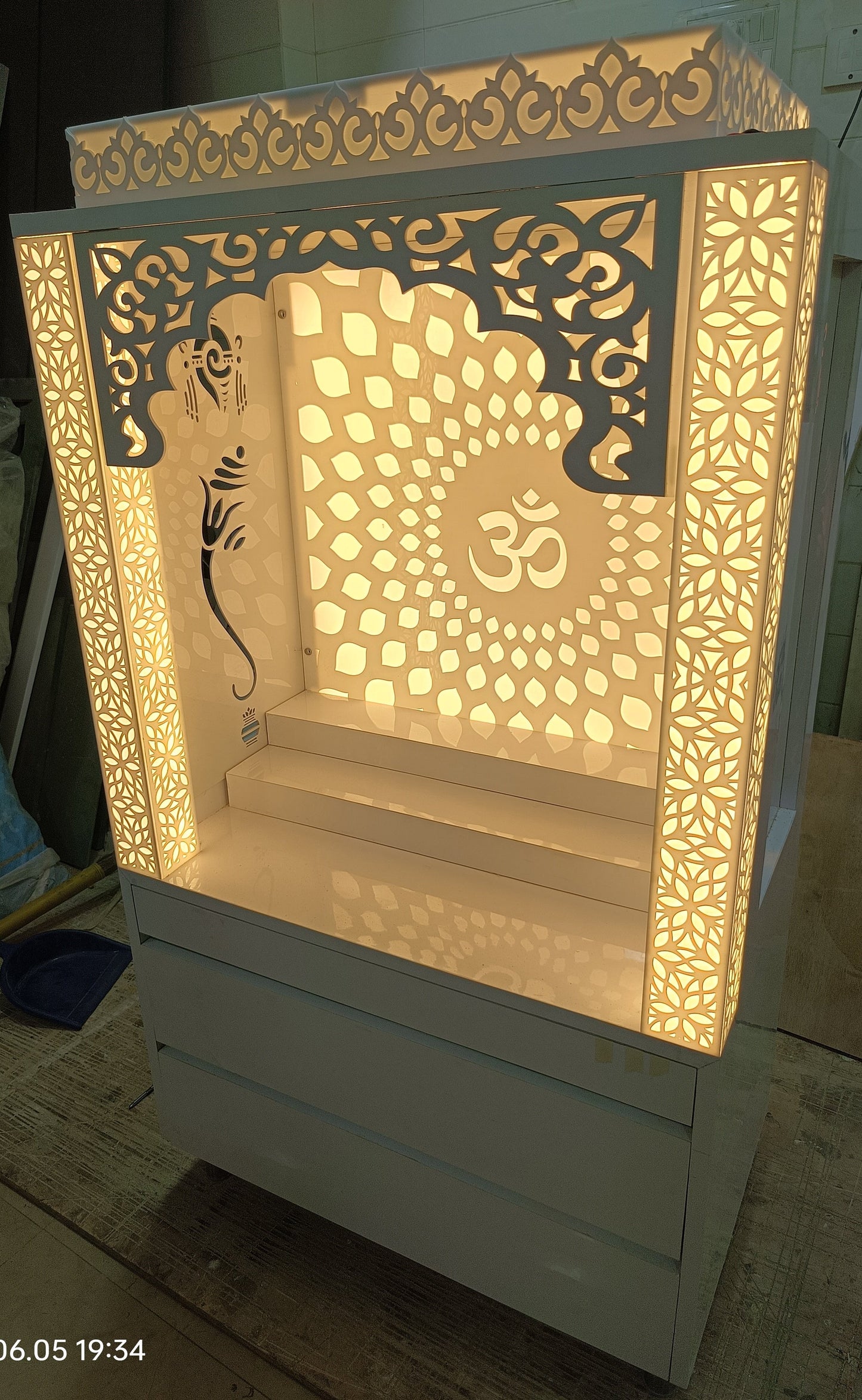 Acrylic Mandir compact with backlit pillars corian mandir mumbai