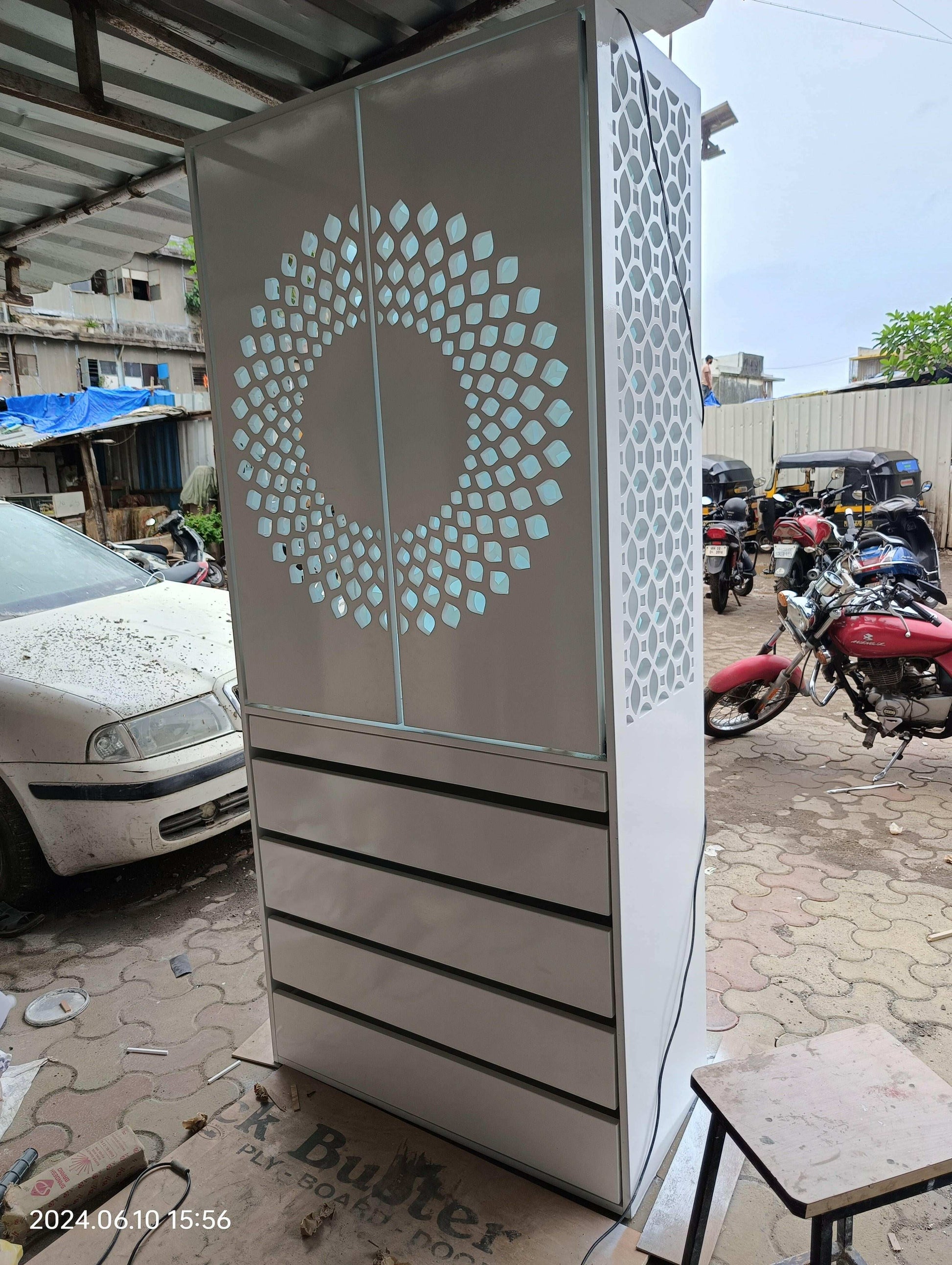 White glossy Pu polished temple with storage and sliding door (home Temple) corian mandir mumbai