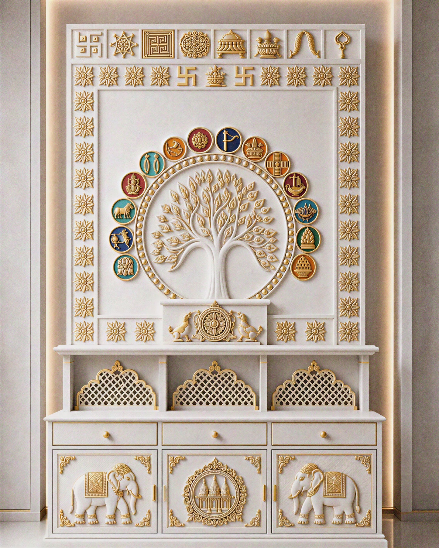 Luxury Jain Corian temple for home with backlit Kalpavruksh, Dharmachakra base and three idol niches