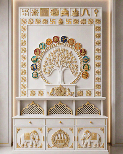 Luxury Jain Corian temple for home with backlit Kalpavruksh, Dharmachakra base and three idol niches