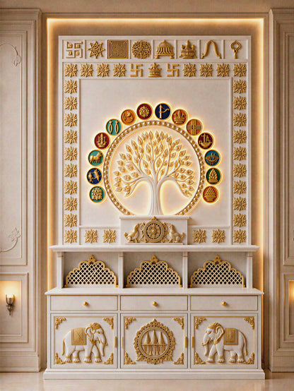 Premium Jain Corian mandir with 3D backlit Kalpavruksh tree, 14 auspicious dreams and gold Ashtamangal symbols