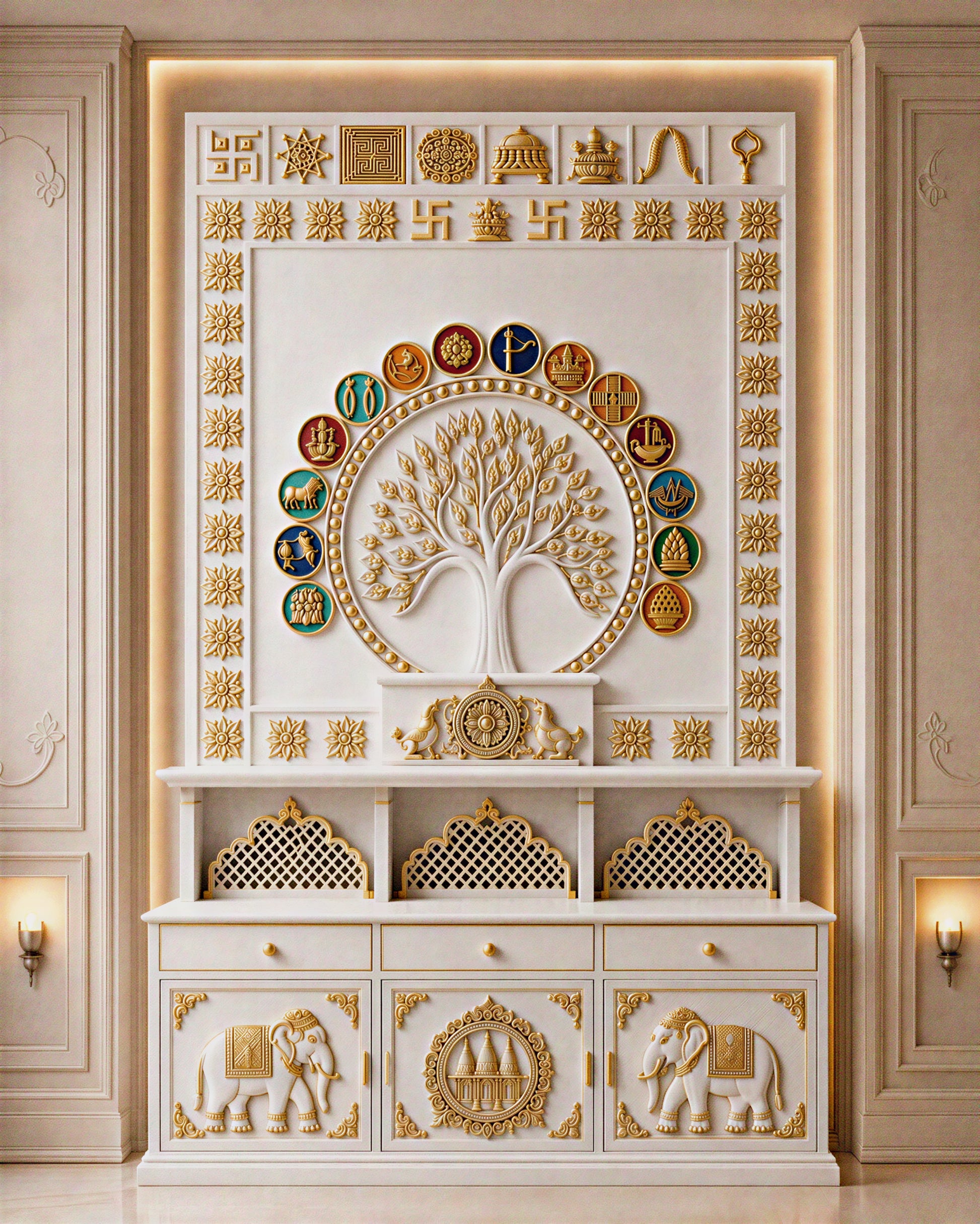 White Corian Jain mandir 5x9 ft with Kalpavriksha, Chaud Sapna medallions and carved elephant cabinet doors