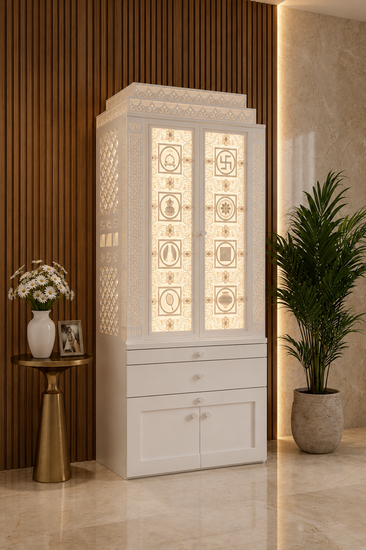 Corian Temple Design - 3D Designer Jain Corian Mandir with Ashtamangal Door - Modern Pooja Mandir - Satguru Creations