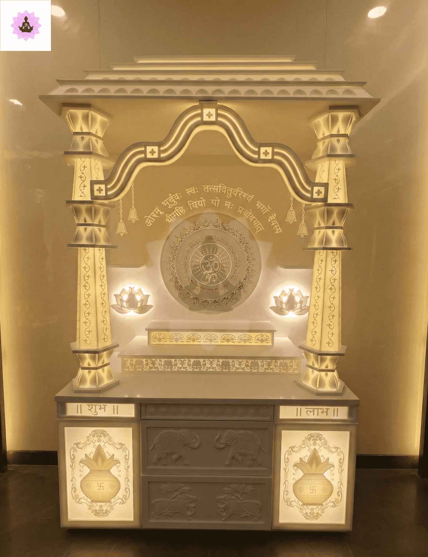 Premium 3D Backlit Om Gayatri Mantra Corian Temple Mumbai with Damru Tapered Pillars 4-Layer Gopuram