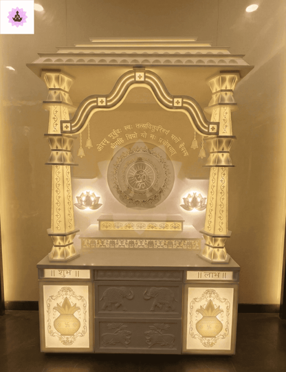 Premium 3D Backlit Om Gayatri Mantra Corian Temple Mumbai with Damru Tapered Pillars 4-Layer Gopuram