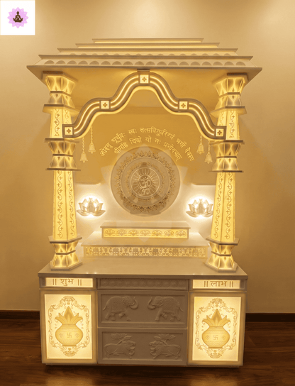 Premium 3D Backlit Om Gayatri Mantra Corian Temple Mumbai with Damru Tapered Pillars 4-Layer Gopuram