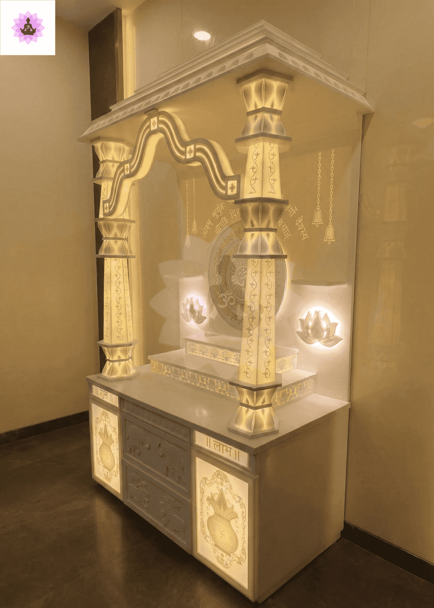 Premium 3D Backlit Om Gayatri Mantra Corian Temple Mumbai with Damru Tapered Pillars 4-Layer Gopuram