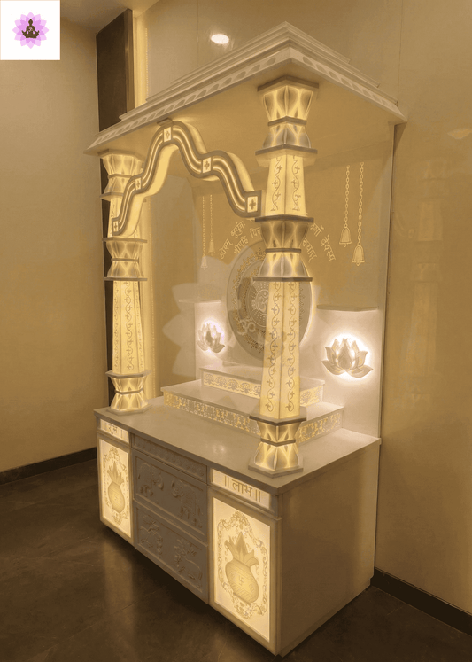 Premium 3D Backlit Om Gayatri Mantra Corian Temple Mumbai with Damru Tapered Pillars 4-Layer Gopuram