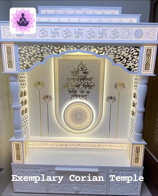 Luxury 3d designer corian mandir for home with golden inlay work