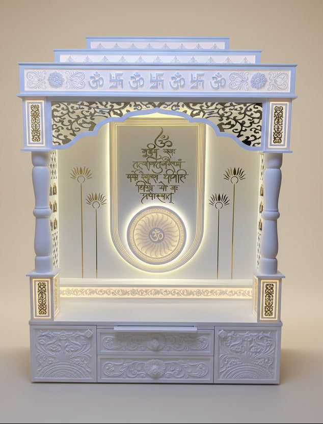 Luxury Corian mandir with round pillars golden inlay round pillars