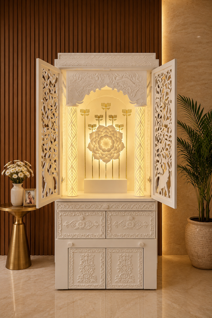 Corian mandir doors open revealing backlit mandala-lotus arch and hanging diya rows above the sitting platform