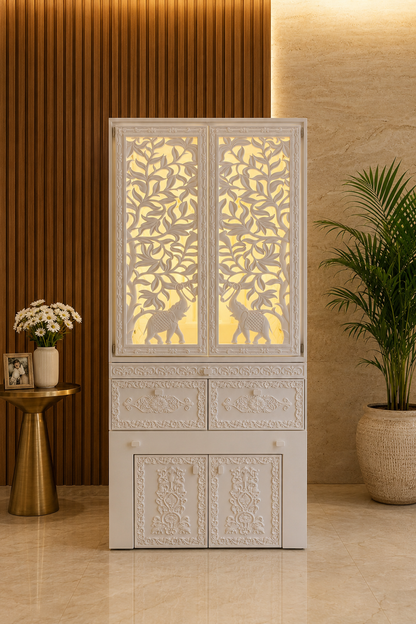 Premium white Corian home temple with doors, carved storage cabinet base and drawers