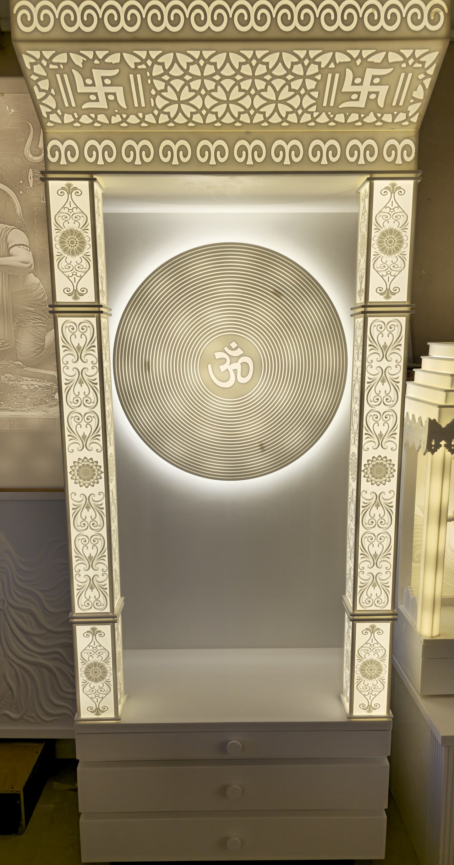 Luxury corian mandir with 3d pillars