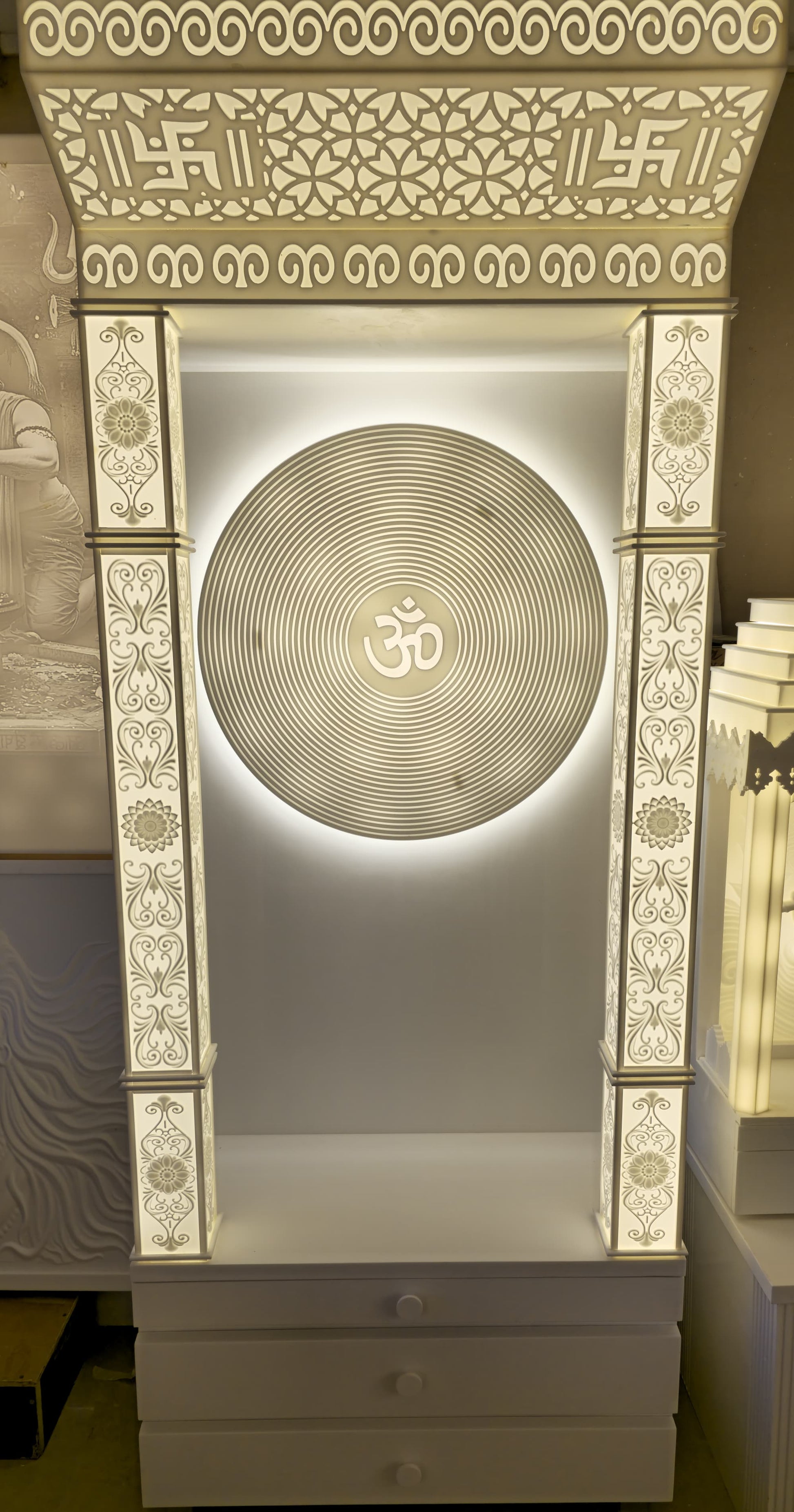 Luxury corian mandir with 3d pillars