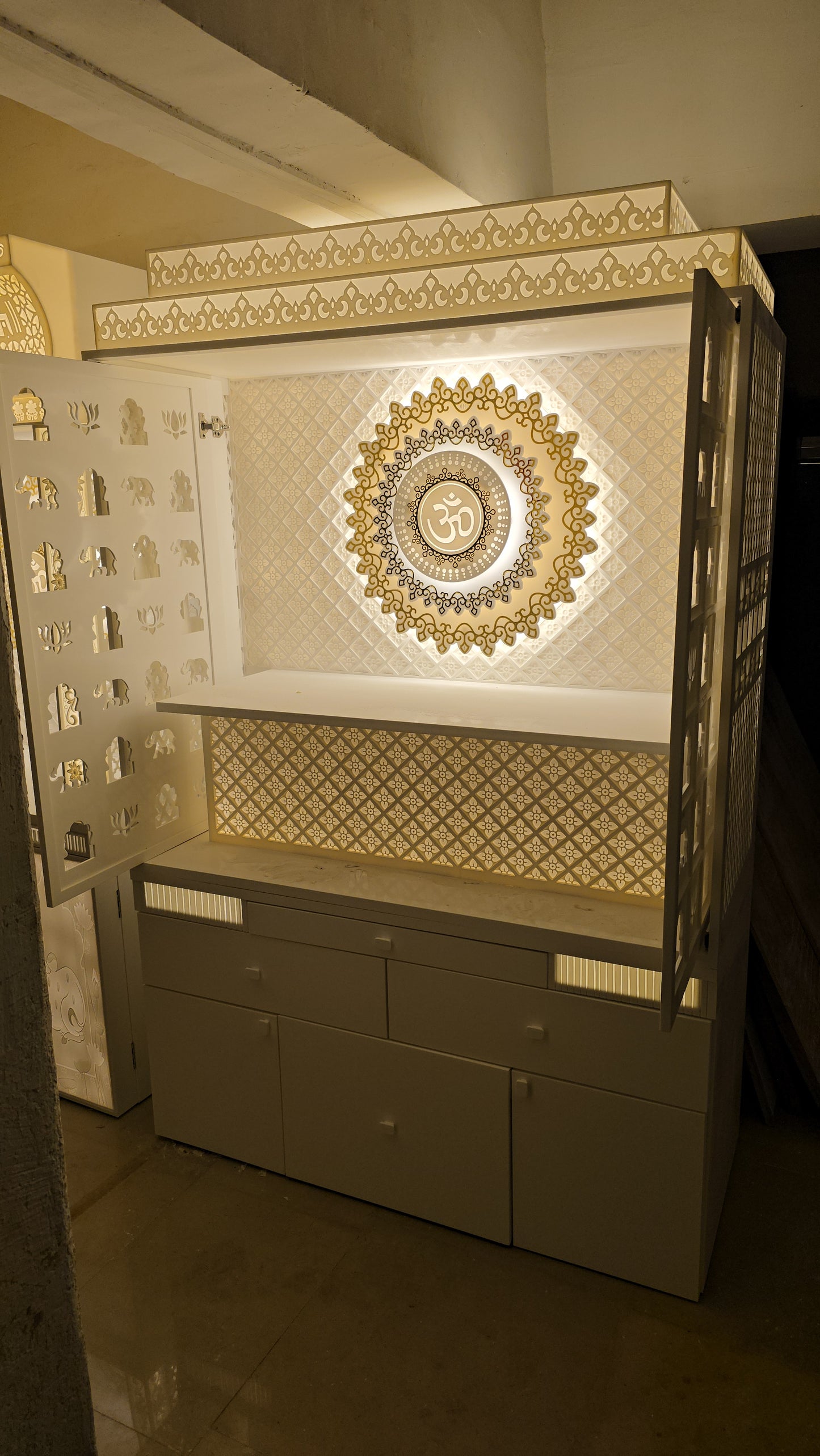 Premium corian mandir with carving 3d corian door with 3d work 