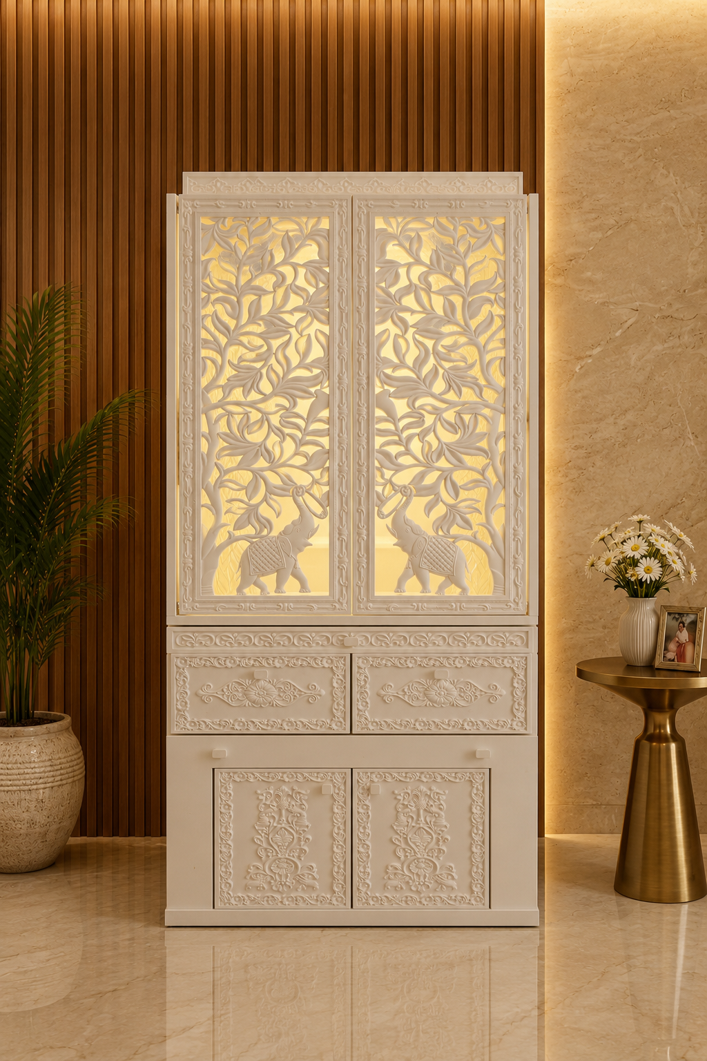 Luxury Corian mandir with shutter doors and backlit tree-of-life carving, angled view