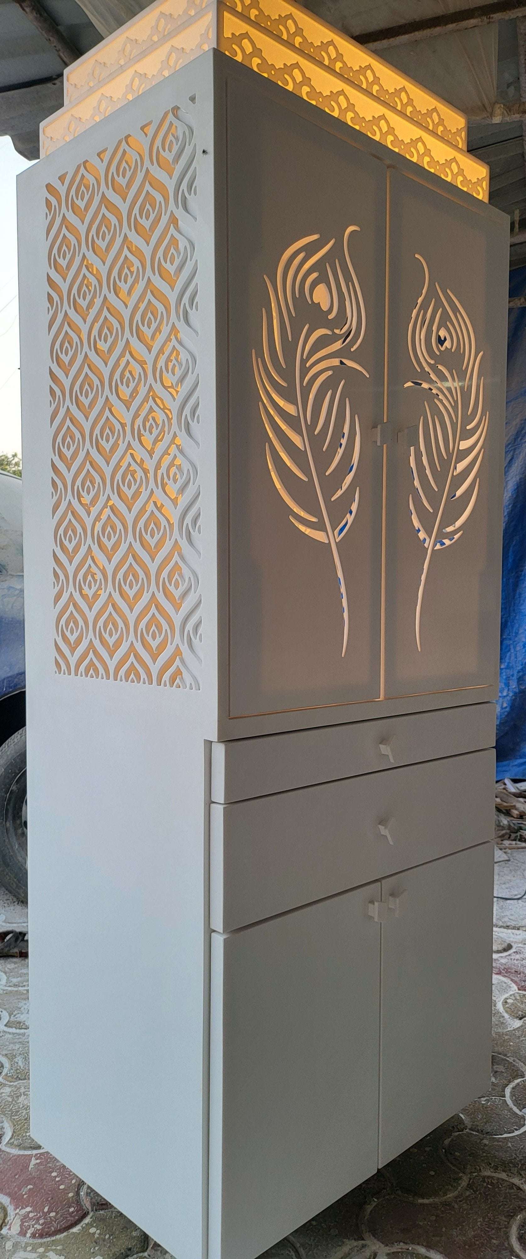 White corian Home Temple with doors corian mandir mumbai