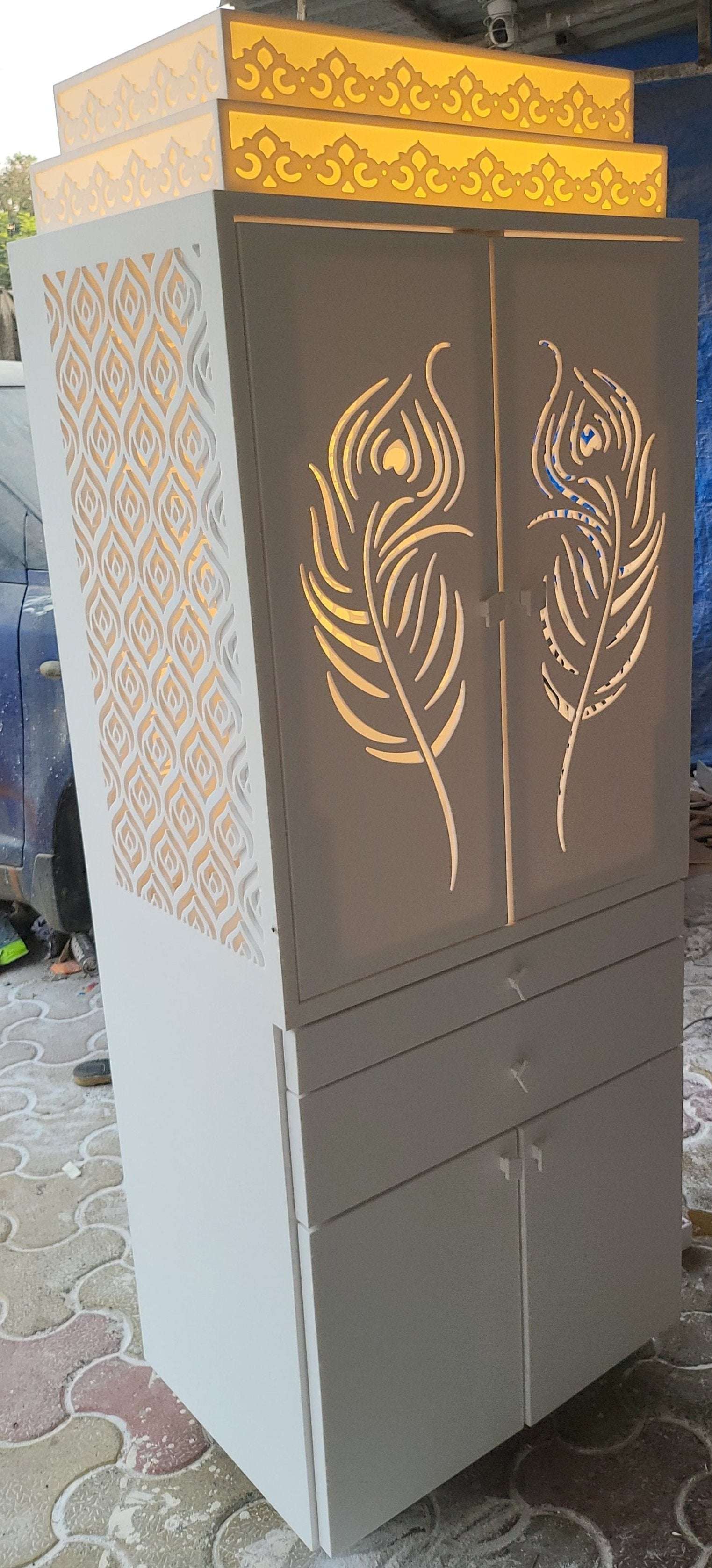 White corian Home Temple with doors corian mandir mumbai