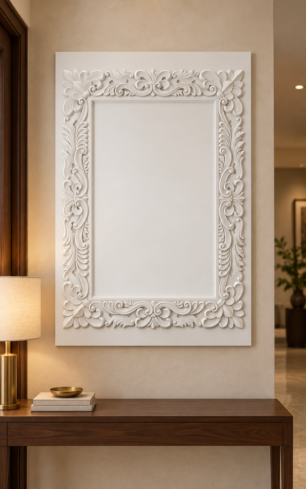 Acanthus Crest Border Corian wall panel, front view in a Bandra entrance foyer