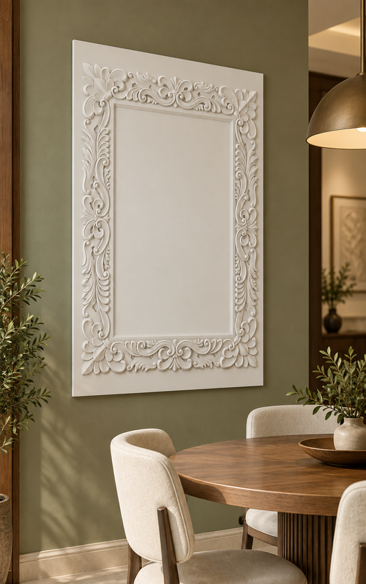 Acanthus Crest Border Corian wall panel, left view in a Powai dining alcove