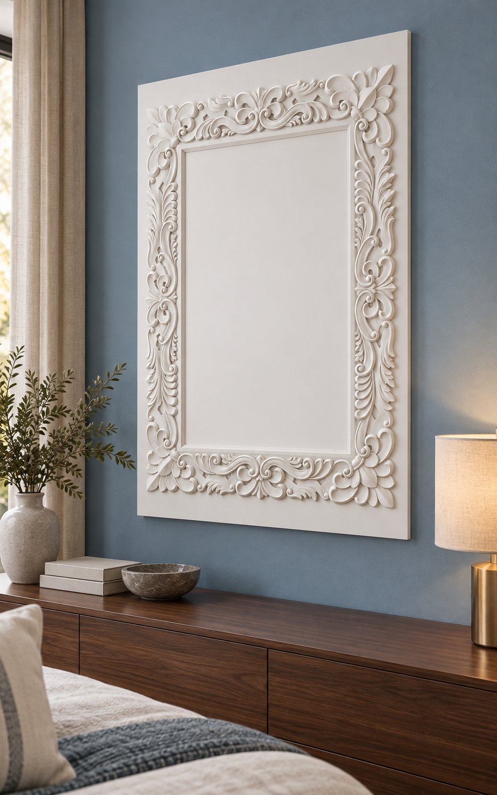 Acanthus Crest Border Corian wall panel, right view in a Juhu bedroom console wall