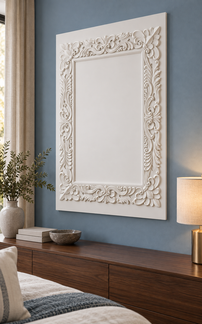 Acanthus Crest Border Corian wall panel, right view in a Juhu bedroom console wall